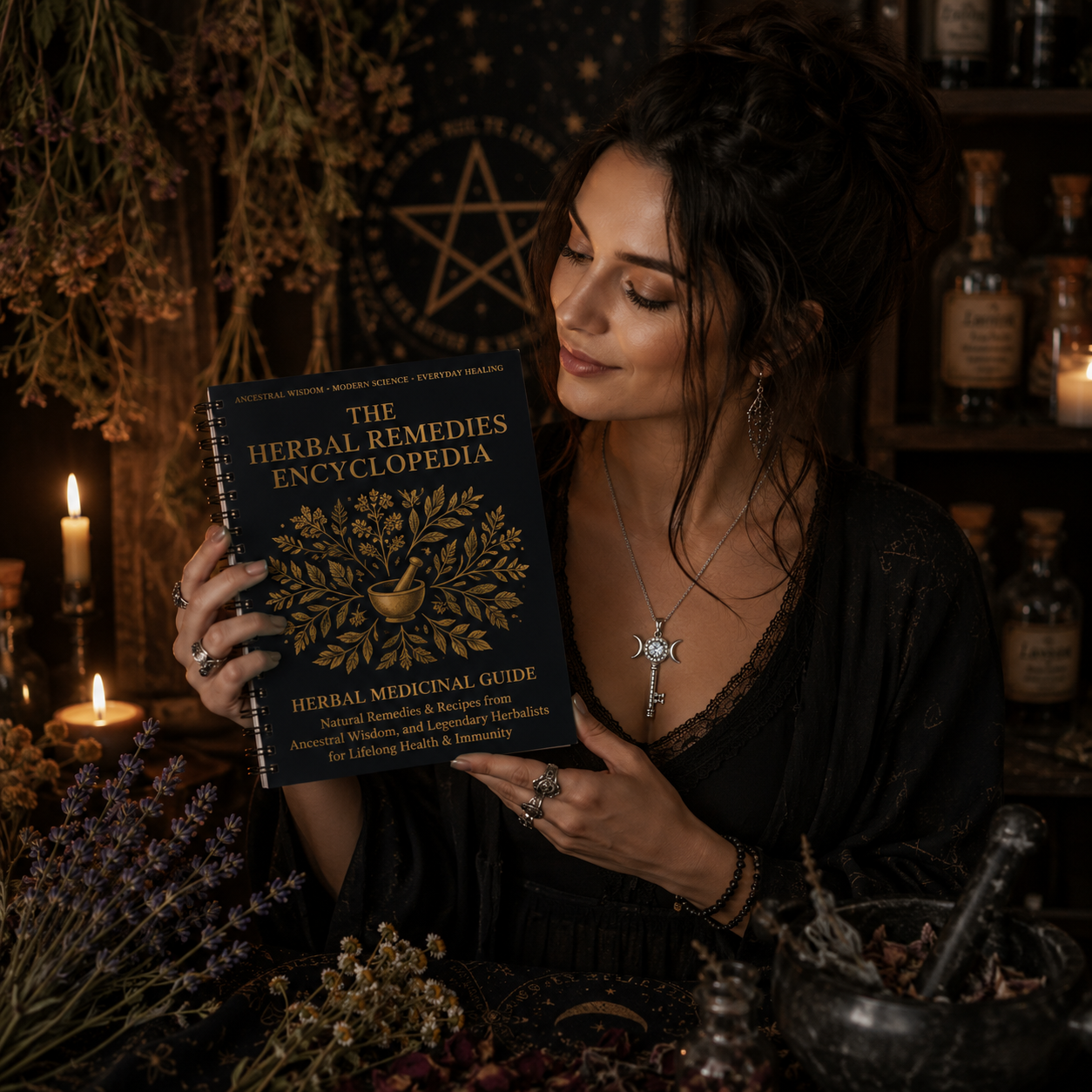 A woman holding the Herbal Remedies Encyclopedia, surrounded by candles and herbal jars, showcasing natural health practices.