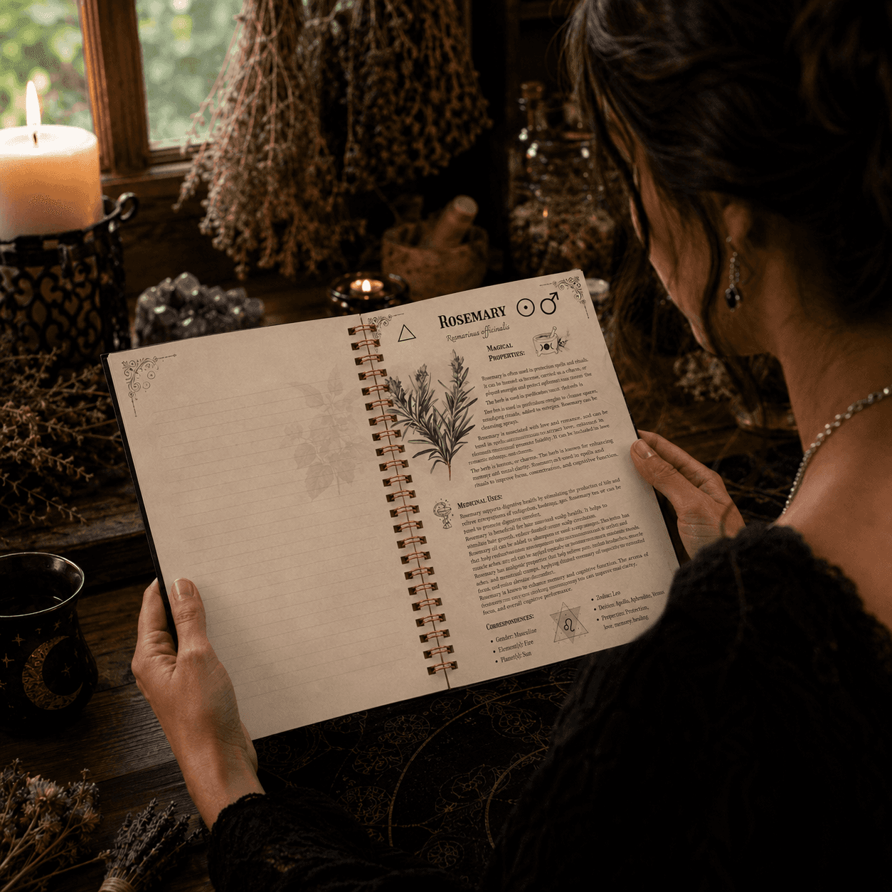 Person holding a mystical handbook featuring Rosemary information amidst a cozy, magical setting