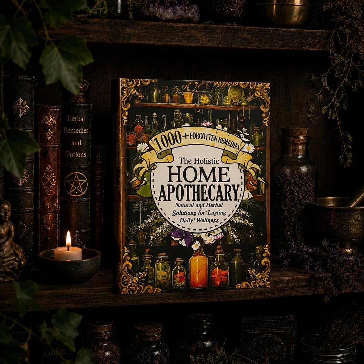 The Holistic Home Apothecary book with natural and herbal solutions on a rustic shelf with candles