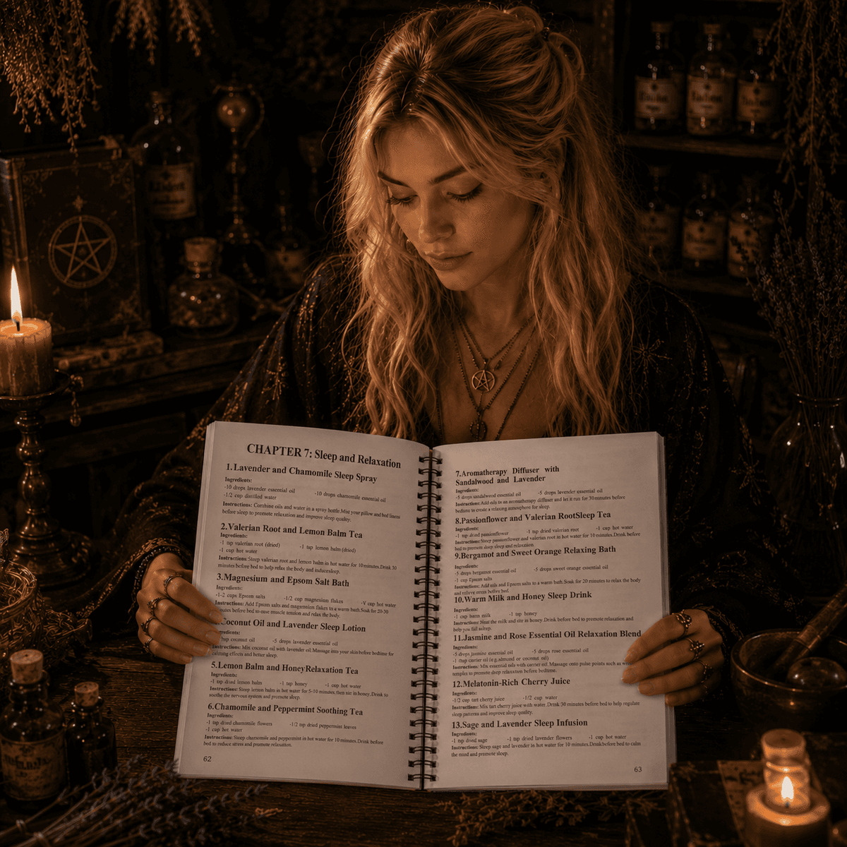 Woman studying a guidebook on home Apothecary with candles and herbs in a mystical setting
