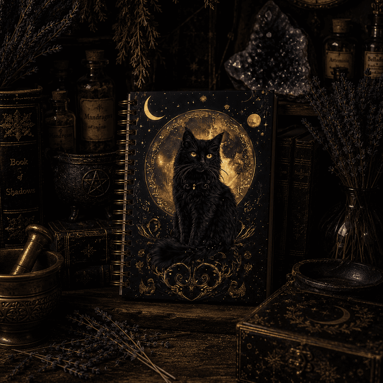 Miss Valkyrie Journal featuring a black cat against a full moon design on a dark background