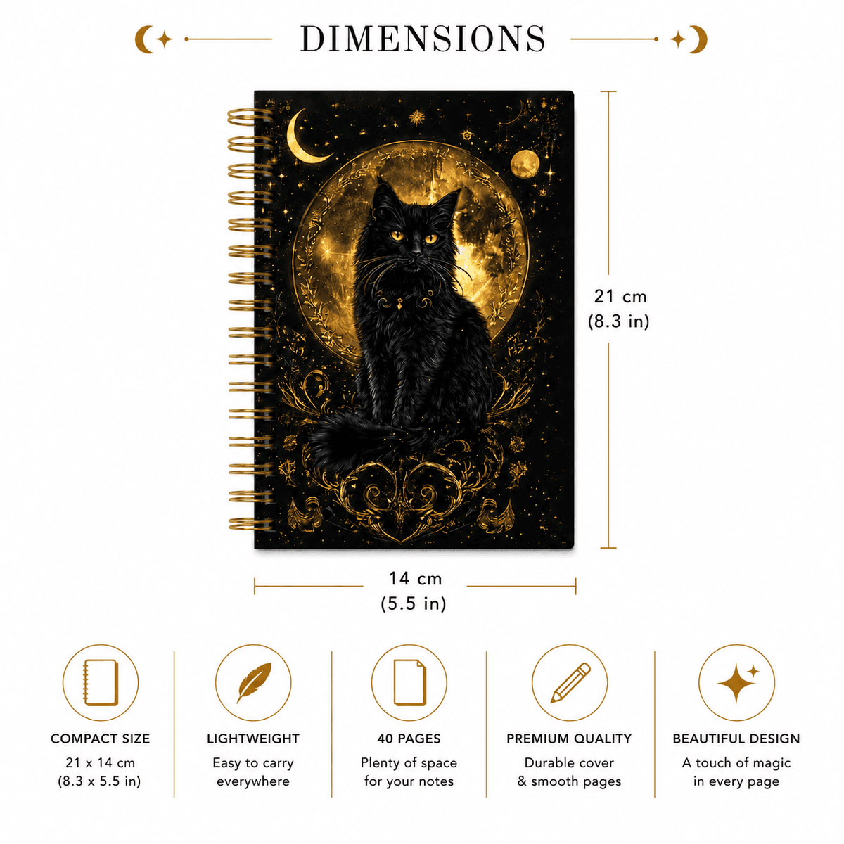 Miss Valkyrie Journal featuring a black cat design and a gold moon on a dark background
