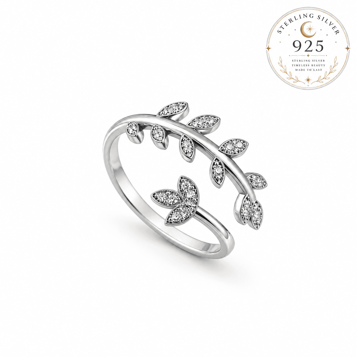 Elegant Miss Valkyrie leaf ring in sterling silver adorned with sparkling stones