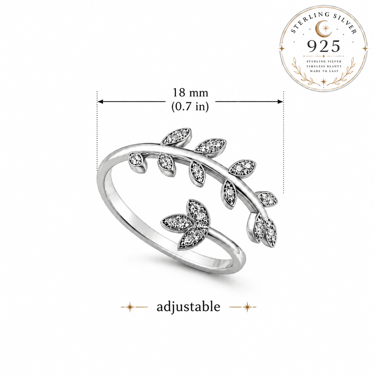Miss Valkyrie adjustable leaf ring in sterling silver adorned with sparkling stones