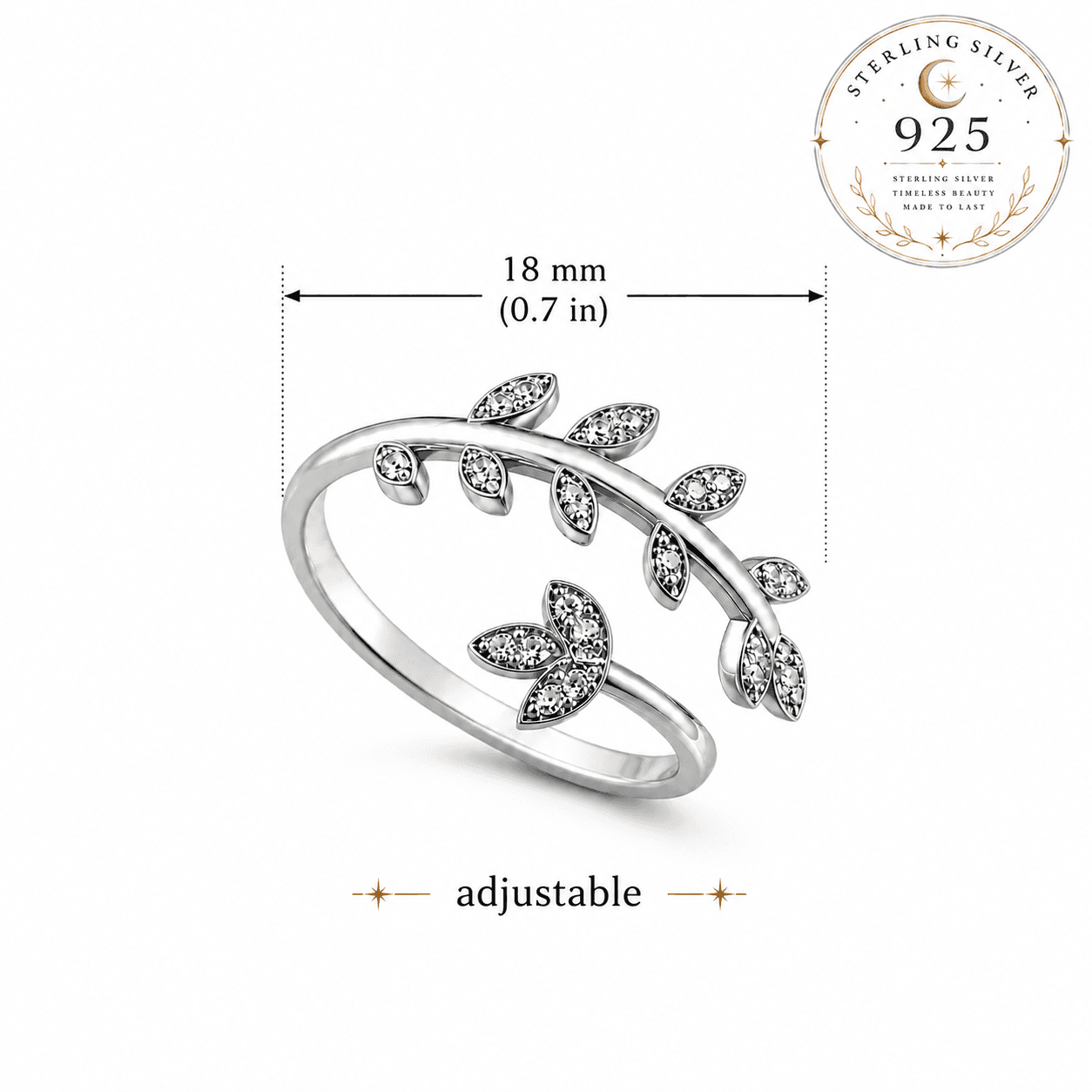 Miss Valkyrie adjustable leaf ring in sterling silver adorned with sparkling stones