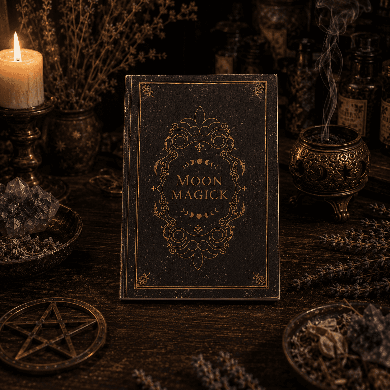 Miss Valkyrie Magick Grimoire featuring a dark cover with Moon Magick design on a mystical altar