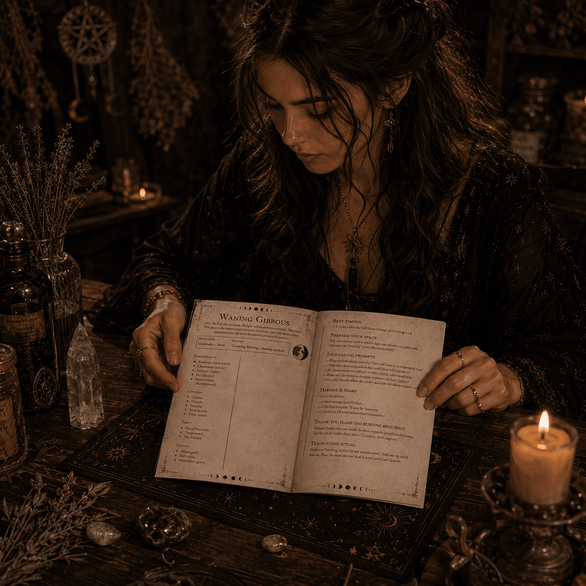 Woman studying a Magick Grimoire with detailed pages in a mystical setting