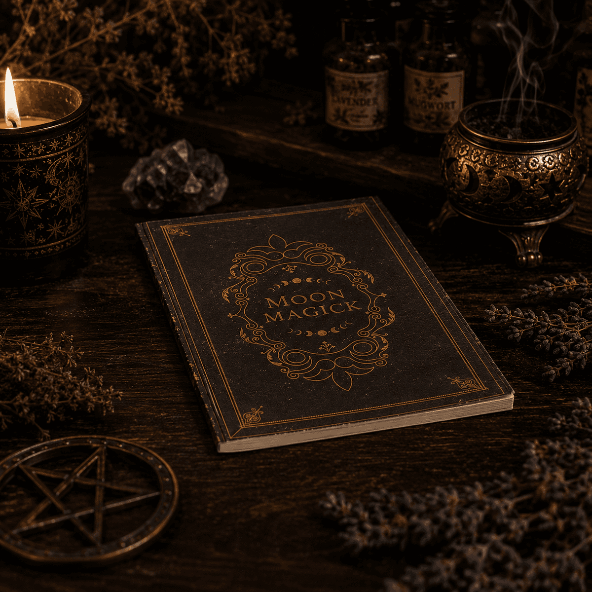 Miss Valkyrie Magick Grimoire titled Moon Magick on a mystical altar with candles and crystals