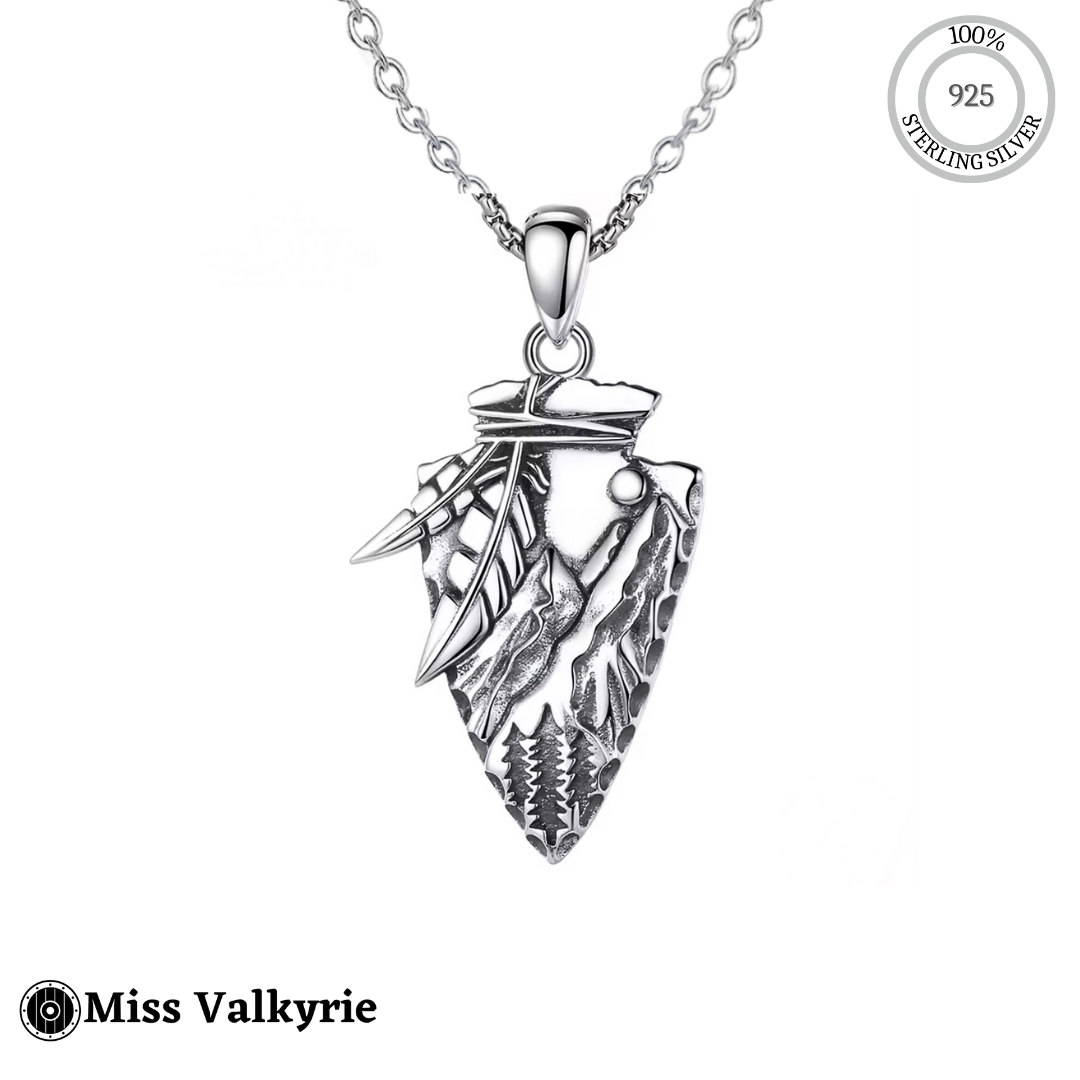 Arrowhead necklace sterling silver with detailed feather and mountain design by Miss Valkyrie