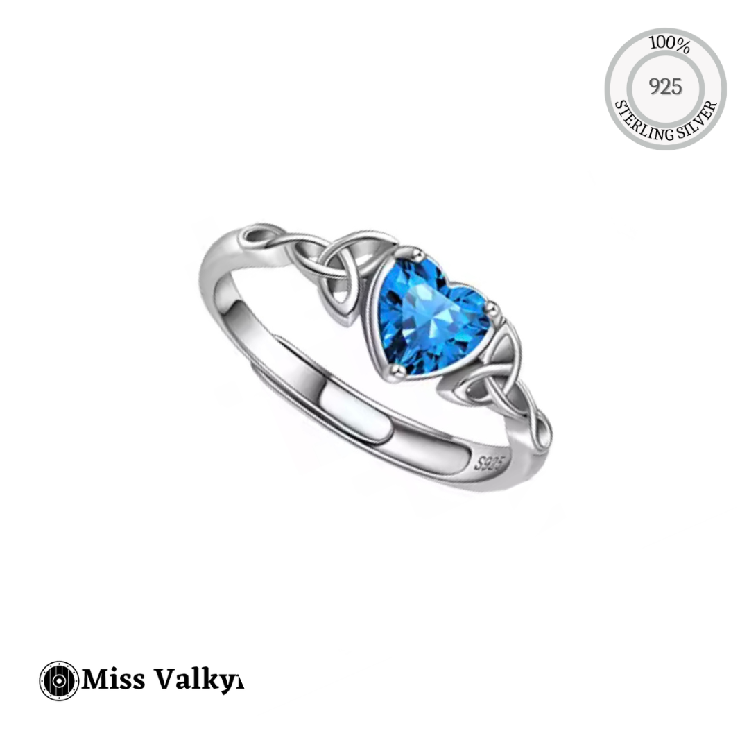 Celtic Birthstone ring sterling silver heart shaped blue gemstone with intricate Celtic knot band