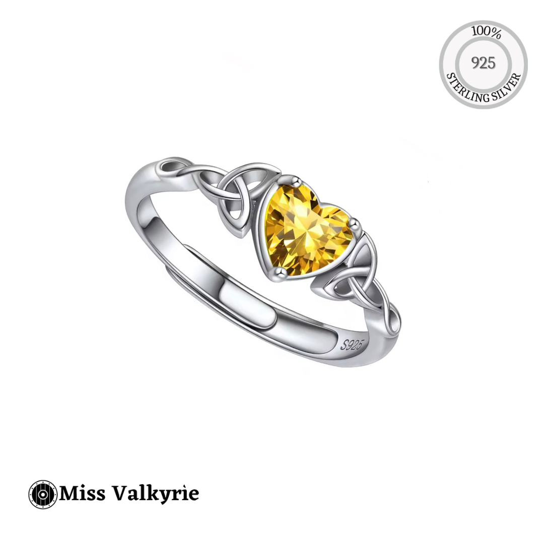Celtic Birthstone ring sterling 925 silver band with heart shaped yellow gemstone and knotwork