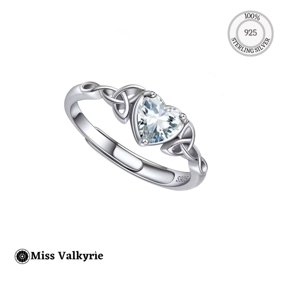 Miss Valkyrie sterling silver Celtic Birthstone ring with heart aquamarine stone and knotwork