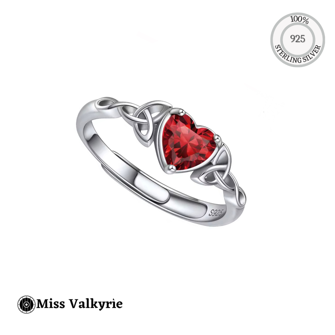 Celtic Birthstone ring sterling silver heart red gemstone with Celtic knot accents by Miss Valkyrie