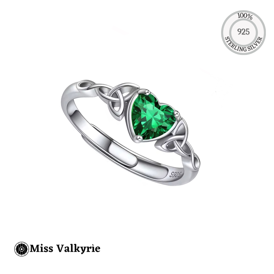 Miss Valkyrie sterling silver Celtic Birthstone ring with heart shaped green gemstone and Celtic knot band