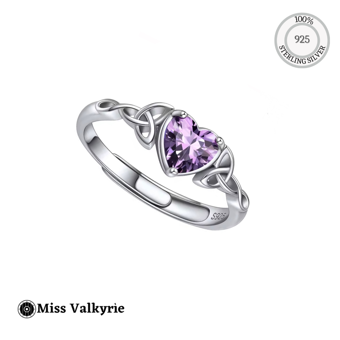 Miss Valkyrie sterling silver Celtic Birthstone ring with heart shaped purple amethyst and knotwork band