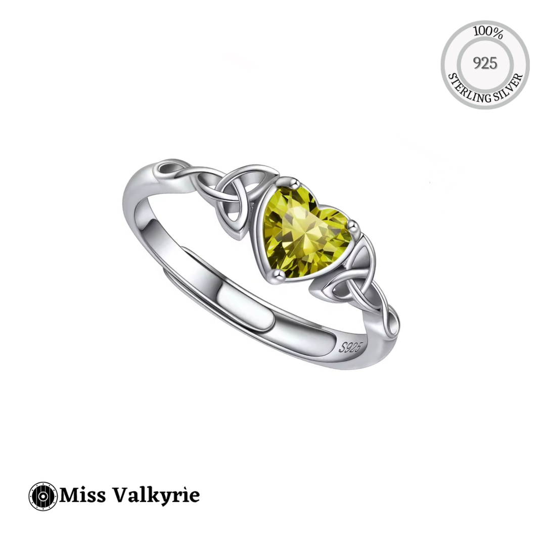 Miss Valkyrie 925 sterling silver Celtic Birthstone ring with heart shaped peridot green stone and Celtic knot band