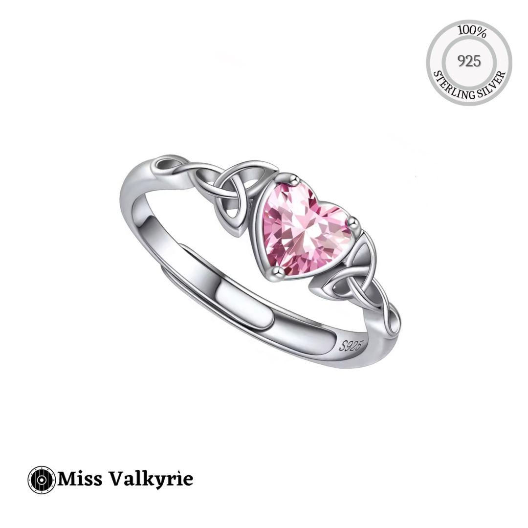 Miss Valkyrie Celtic Birthstone ring sterling silver heart shaped pink gemstone with Celtic knot design