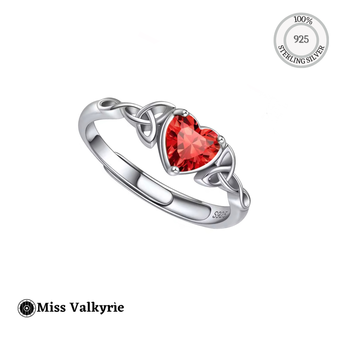 Miss Valkyrie Celtic Birthstone ring sterling silver heart red gemstone with Celtic knot band