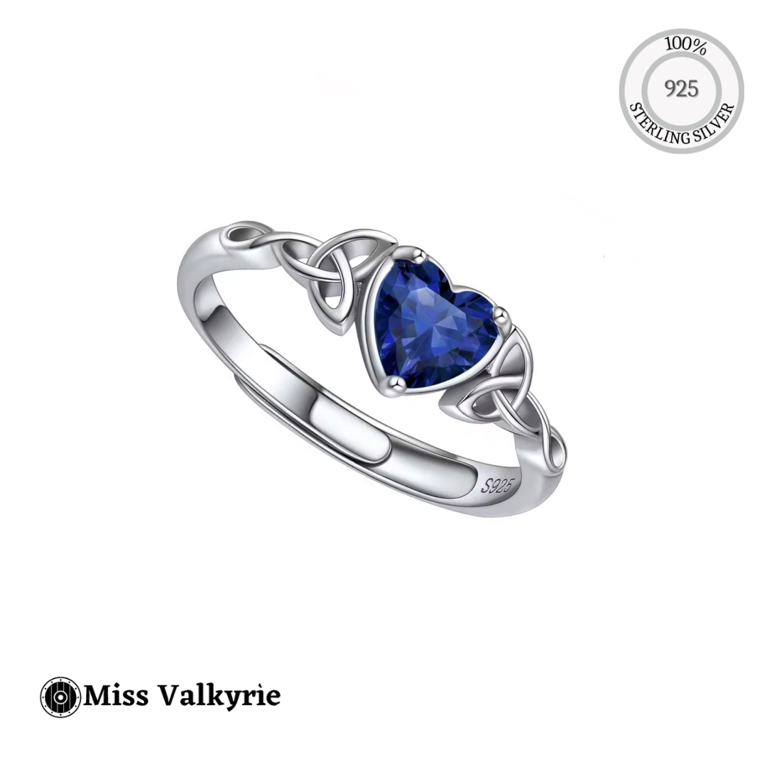 Miss Valkyrie Celtic Birthstone ring sterling silver heart blue gemstone with Celtic knot details 925 stamp