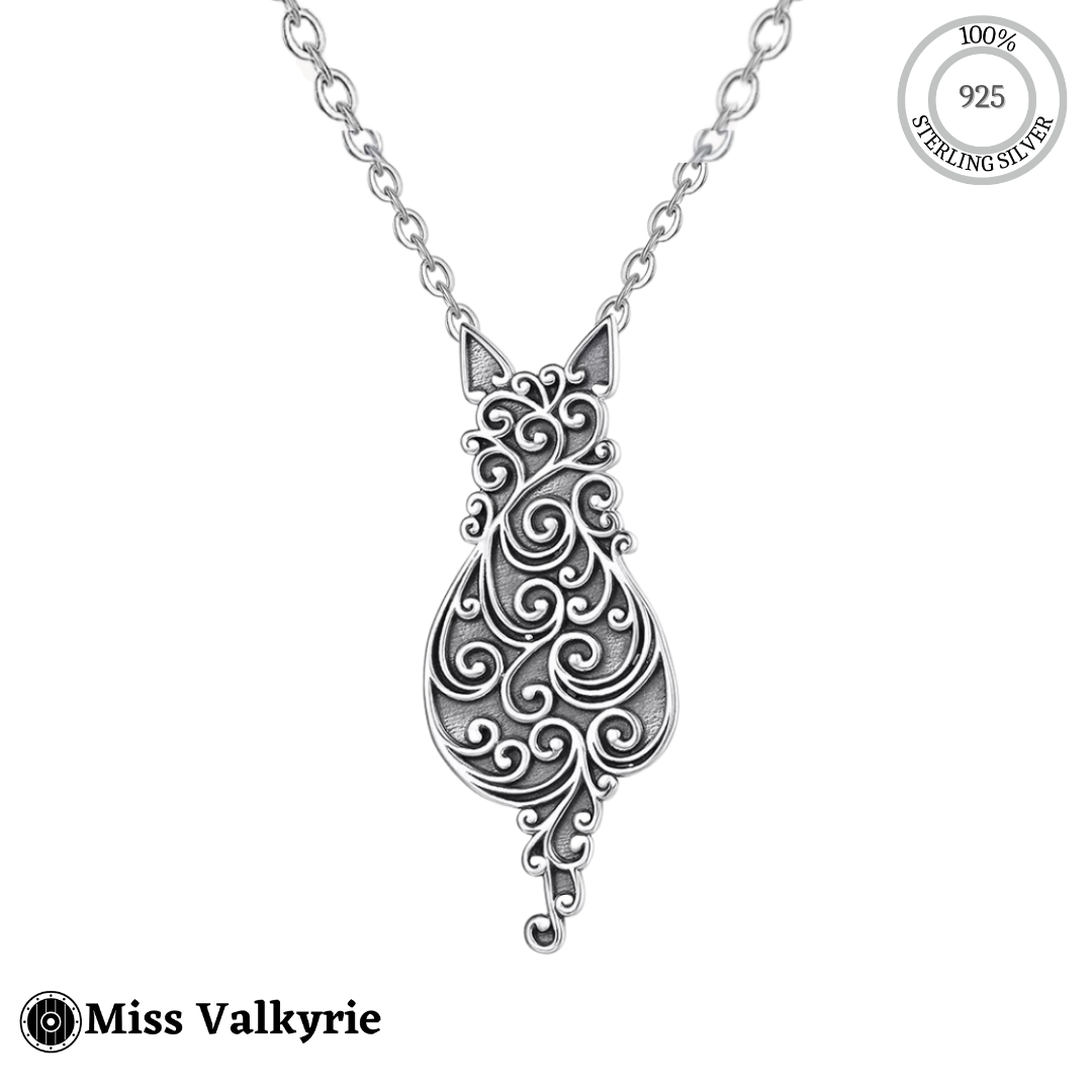 Miss Valkyrie freya cat necklace Sterling silver with intricate swirl design pendant on chain