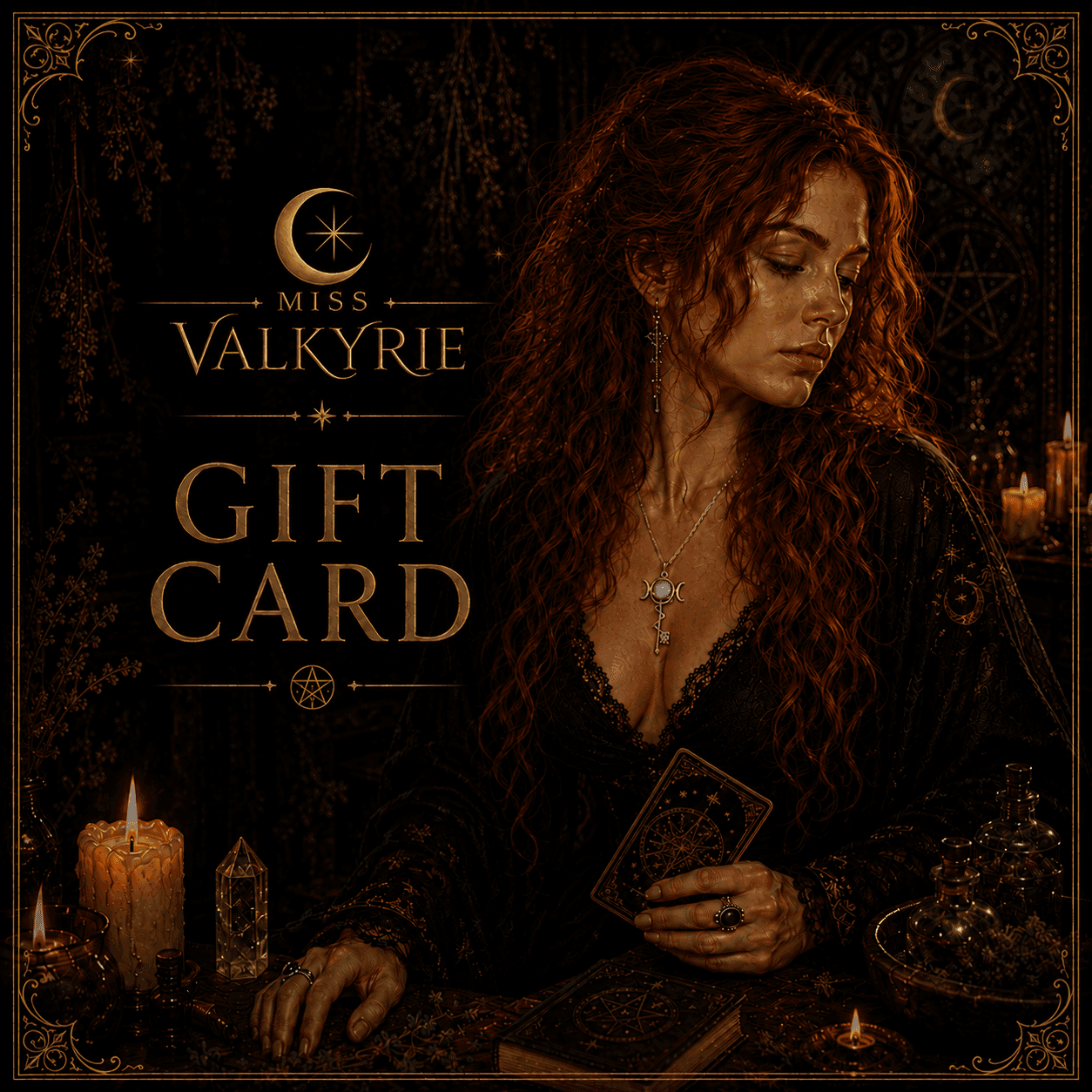 Elegant Miss Valkyrie gift card design featuring a woman with long red hair and mystical elements