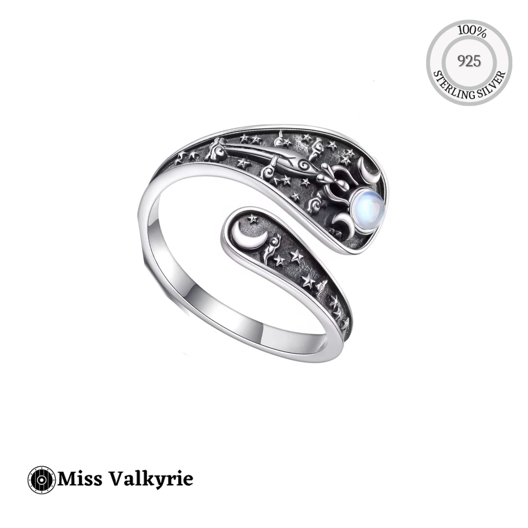Hekate ring 925 sterling silver open wrap moon and stars design with opalescent moonstone