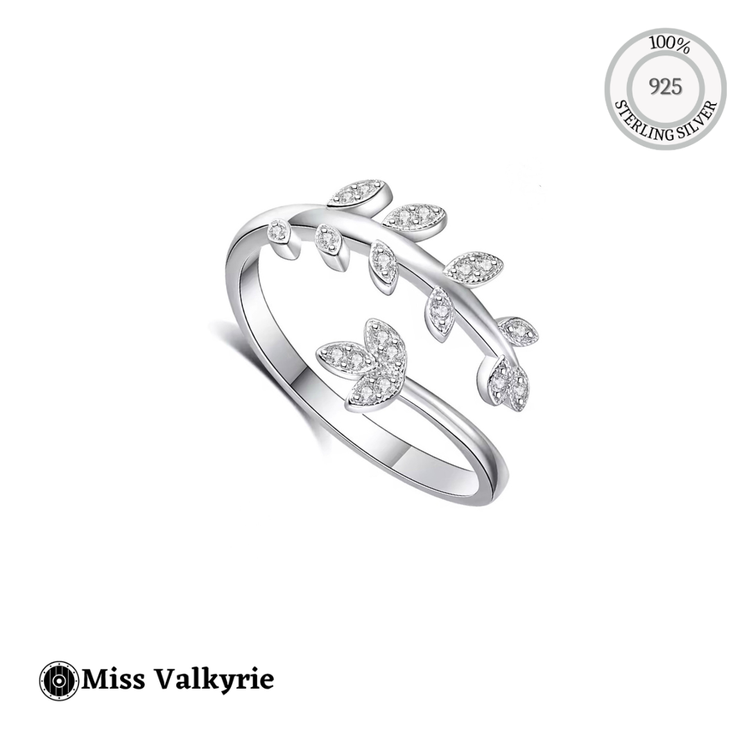 Miss Valkyrie sterling silver 925 leaf ring with open band and pave cubic zirconia leaf accents
