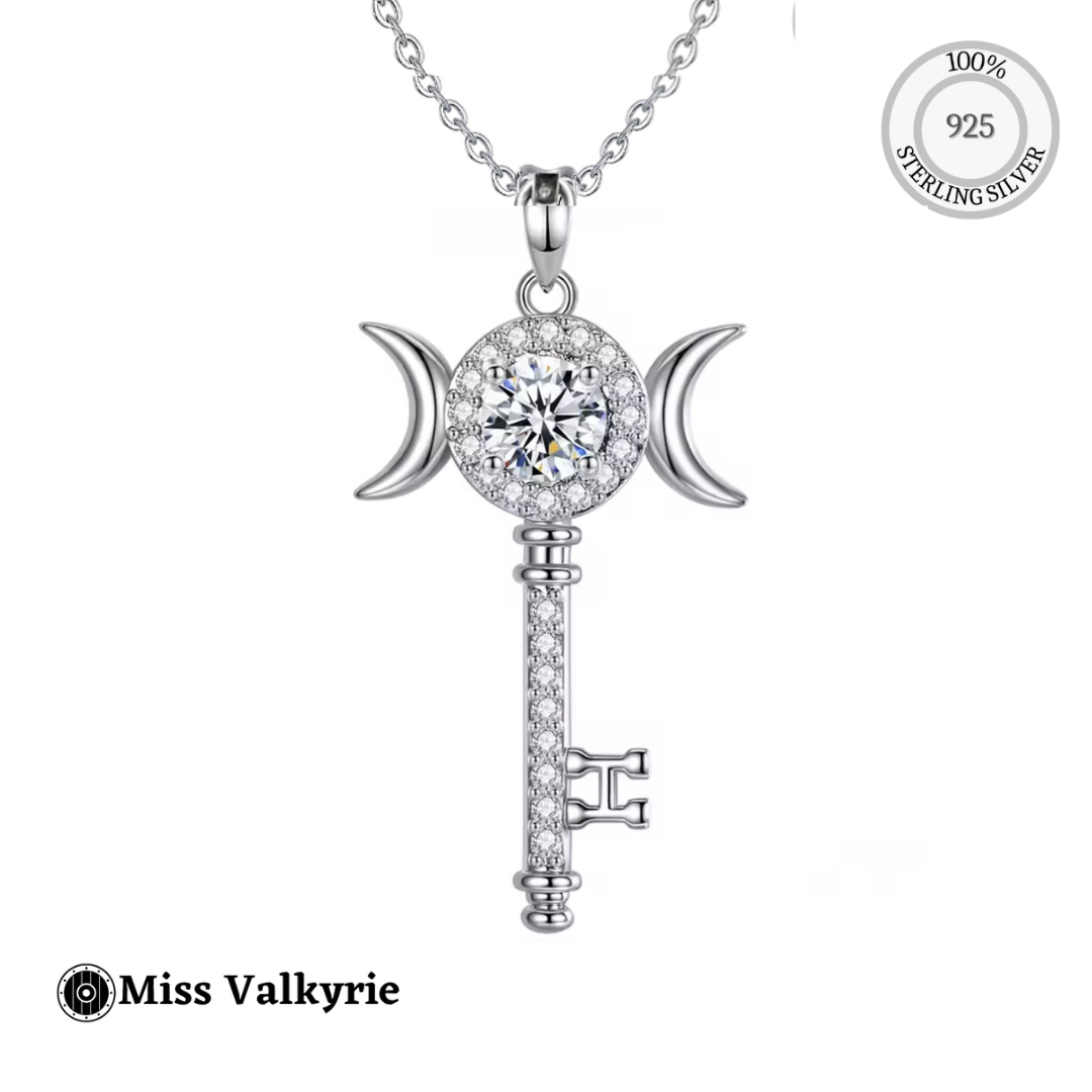 Miss Valkyrie Moissanite Hekate Key Necklace in Sterling Silver with Crescent Moon Details
