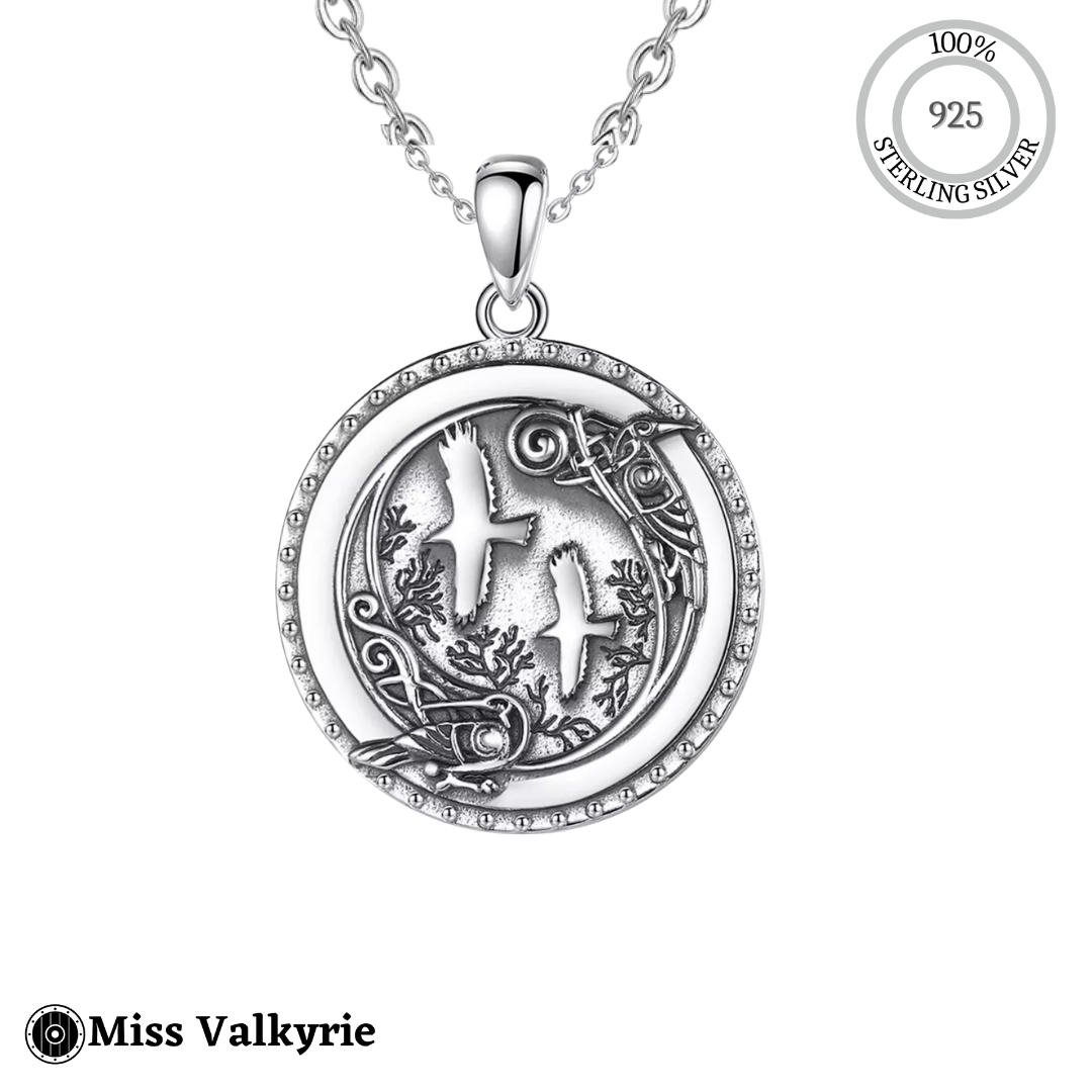 Miss Valkyrie raven necklace Sterling silver with detailed flying ravens and ornate circle pendant design