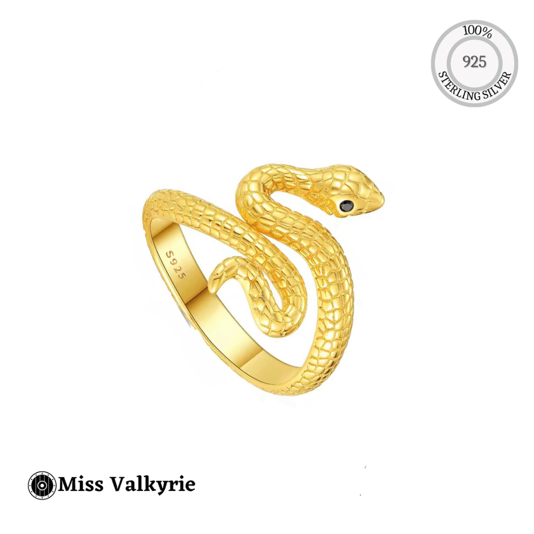 Miss Valkyrie gold plated snake ring with textured scales and black stone eyes 925 sterling silver