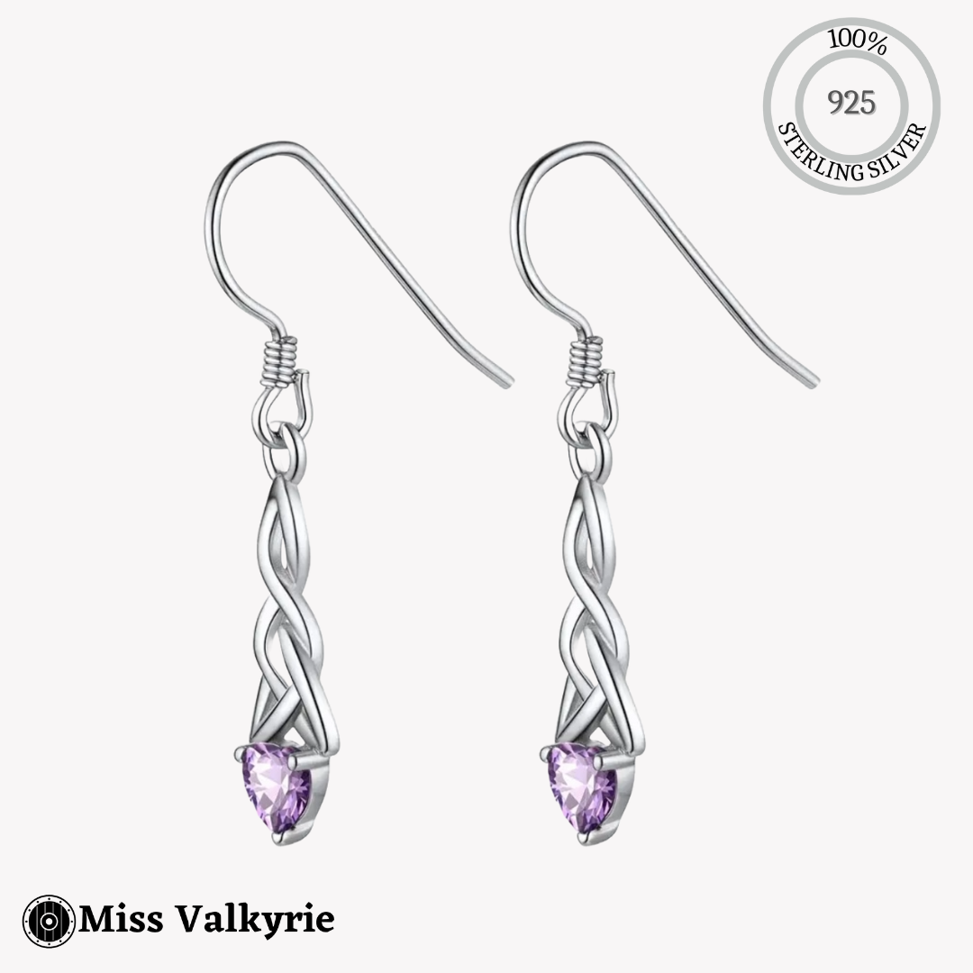 Sterling silver birthstone trinity knot dangling earrings with purple gemstone from Miss Valkyrie