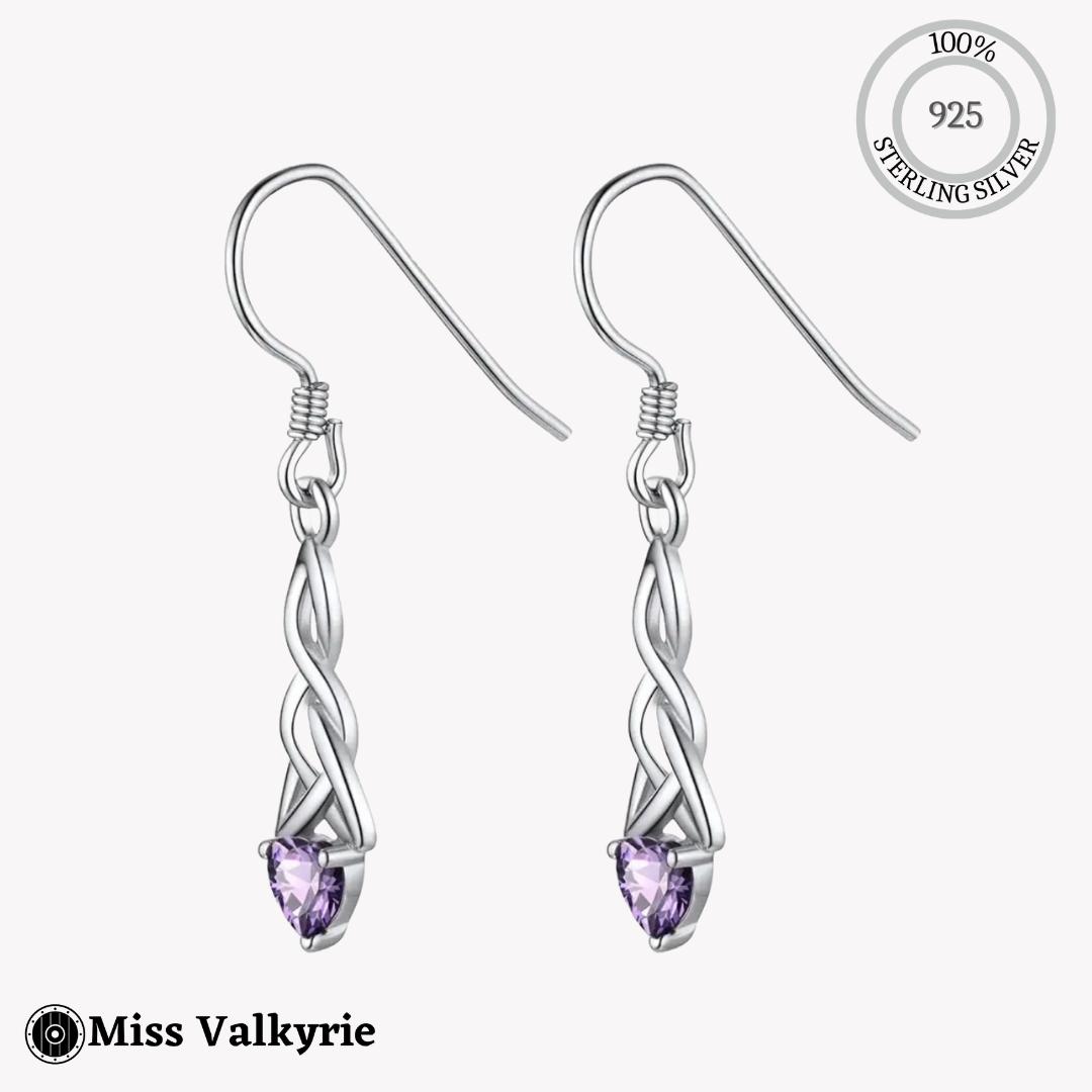 Miss Valkyrie sterling silver birthstone trinity knot dangling earrings with purple heart-shaped stones