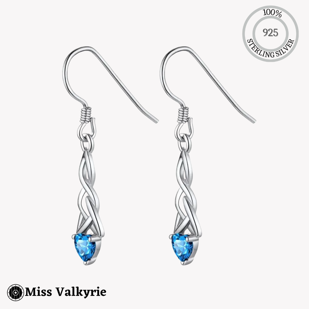 Sterling silver birthstone trinity knot dangling earrings with light blue gemstone by Miss Valkyrie