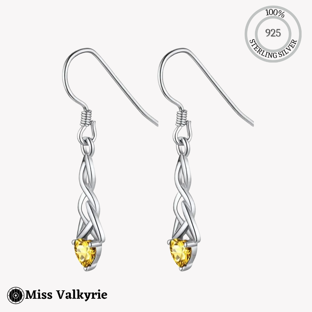 Sterling silver birthstone trinity knot dangling earrings with yellow gemstones by Miss Valkyrie