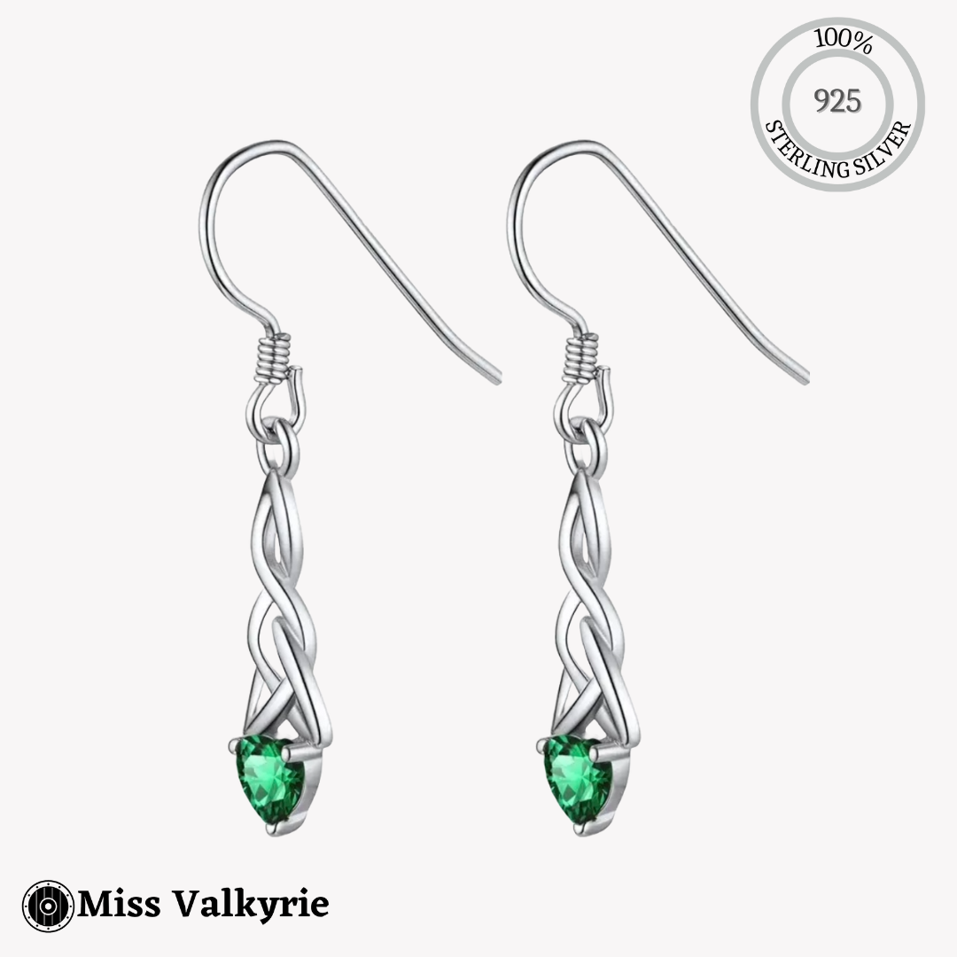 Sterling silver birthstone trinity knot dangling earrings with green gemstone by Miss Valkyrie