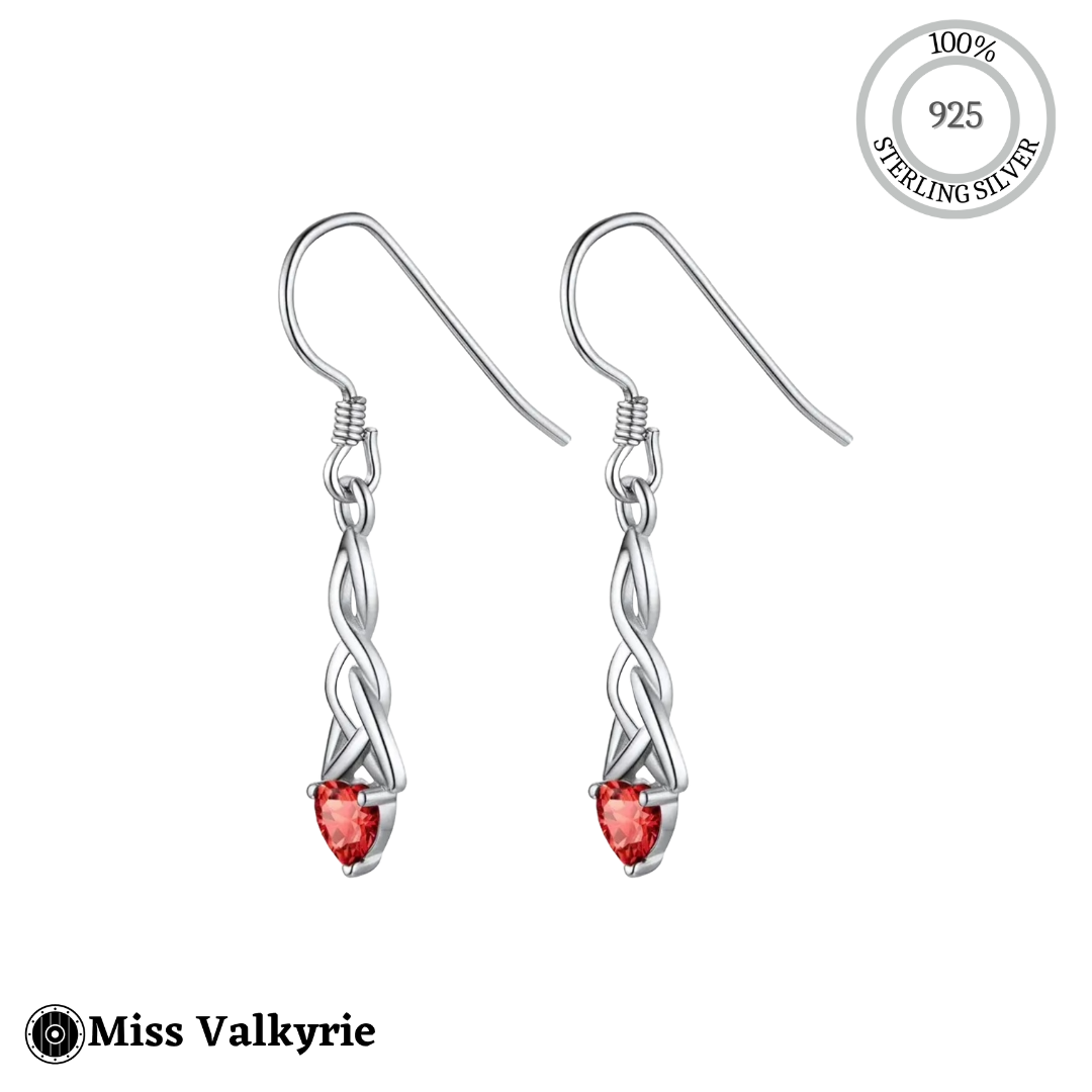 Miss Valkyrie sterling silver birthstone trinity knot dangling earrings with red gemstone