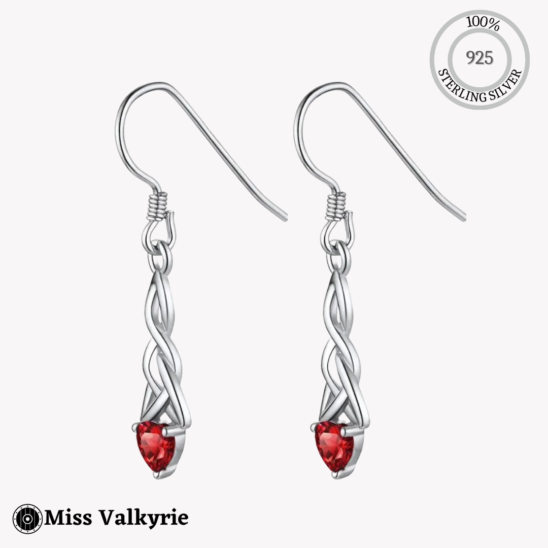 Sterling silver birthstone trinity knot dangling earrings with red heart-shaped gemstone