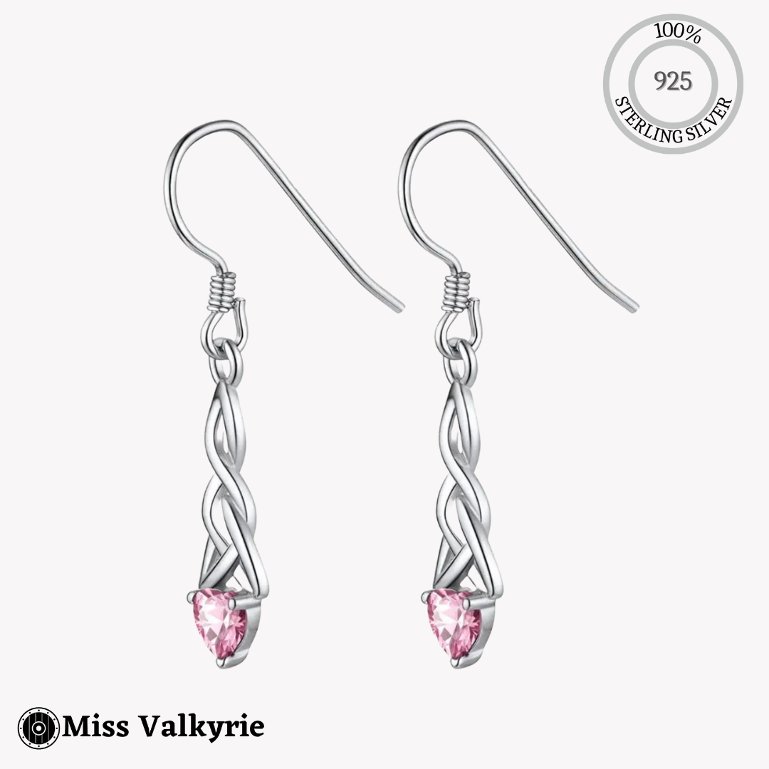 Sterling silver birthstone trinity knot dangling earrings with pink heart-shaped gemstones