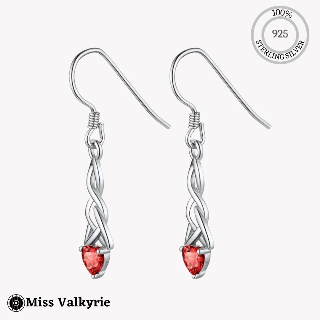 Sterling silver birthstone trinity knot dangling earrings with red heart-shaped stone by Miss Valkyrie