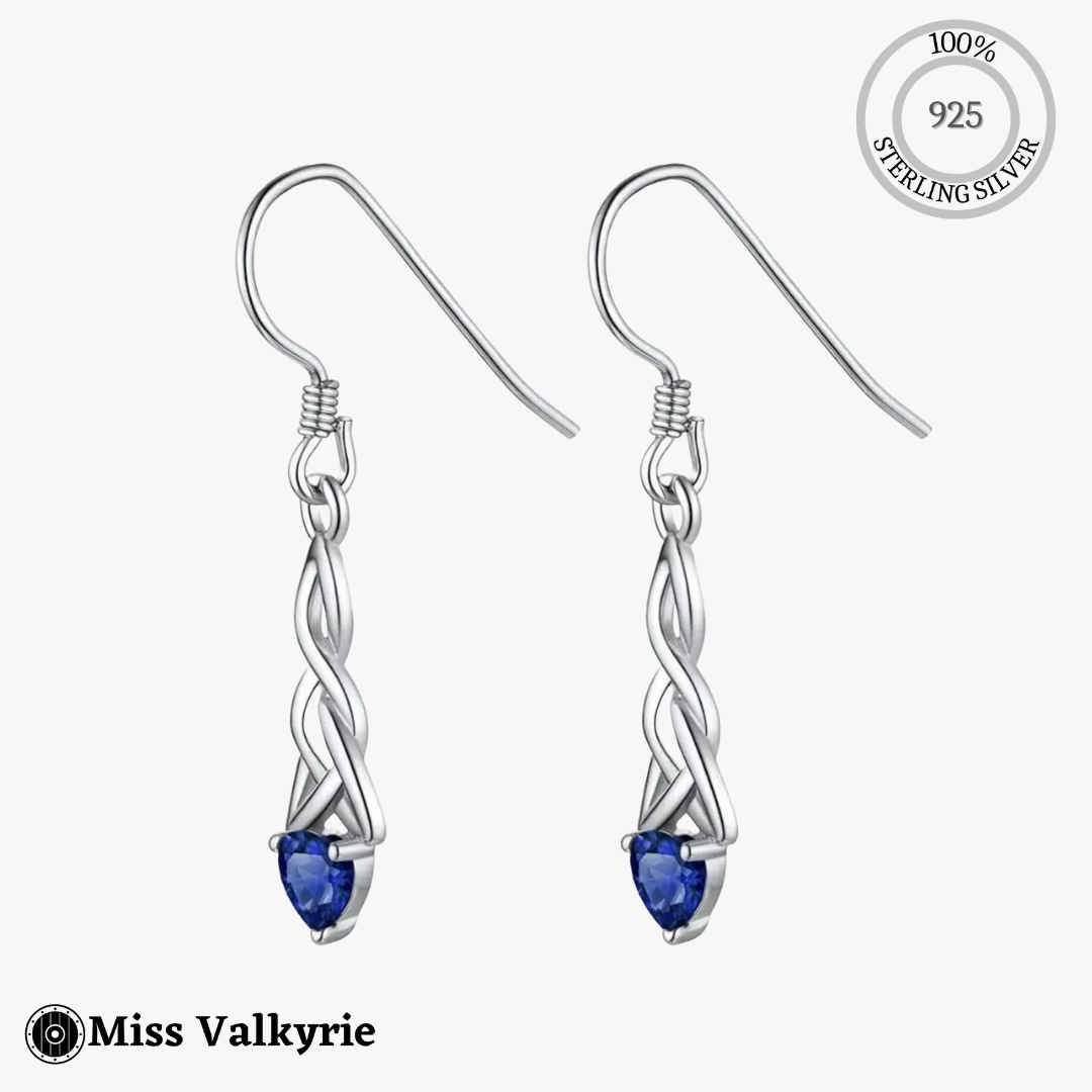 Sterling silver birthstone trinity knot dangling earrings with blue gemstone by Miss Valkyrie
