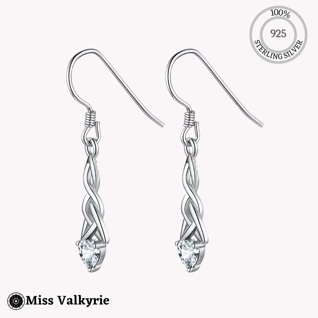 Sterling silver birthstone trinity knot dangling earrings with clear gemstones by Miss Valkyrie