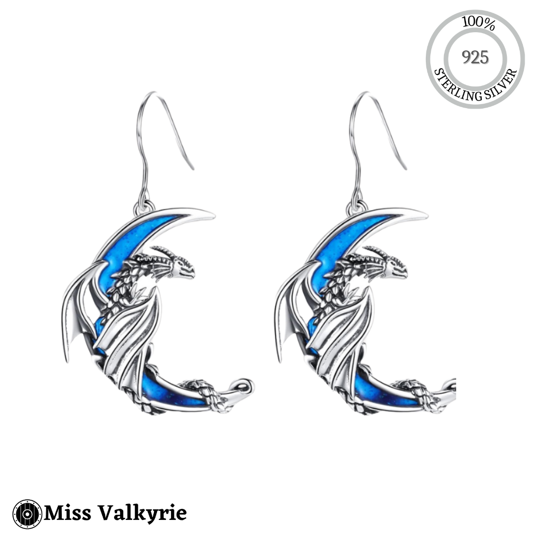 Sterling silver dragon earrings with blue crescent moon design by Miss Valkyrie