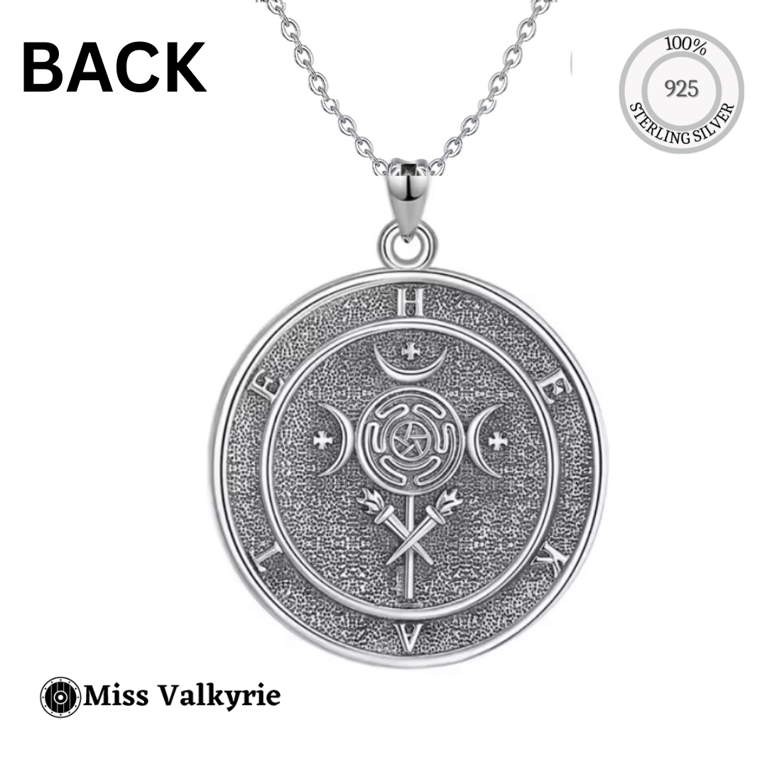 Back view of sterling silver goddess hecate hekate necklace with intricate moon and floral design pendant