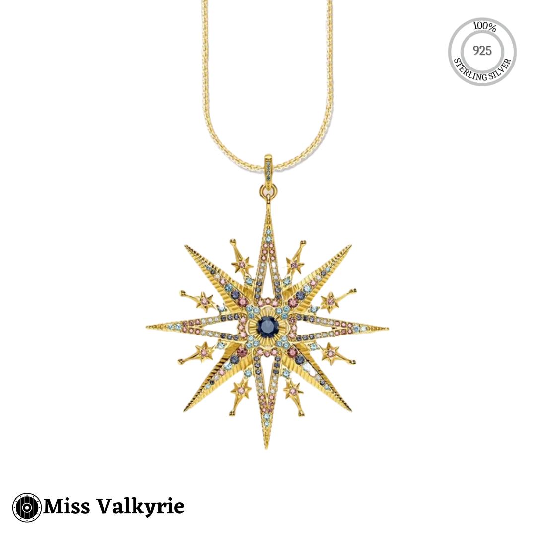 Sterling silver gold plated 18K north star necklace with multicolor gemstones on delicate chain
