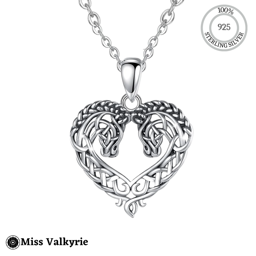 Sterling silver horse double heart necklace with intricate Celtic design by Miss Valkyrie
