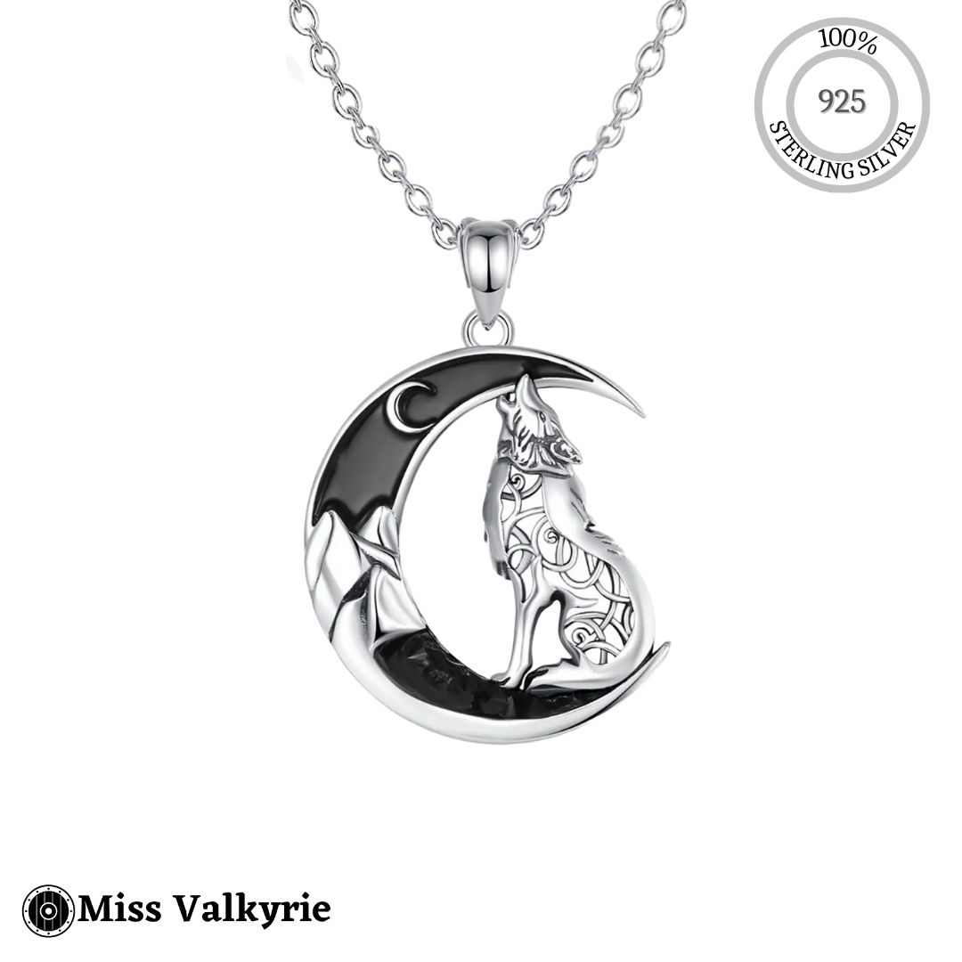 Sterling silver howling wolf necklace moon crescent with intricate tribal design pendant
