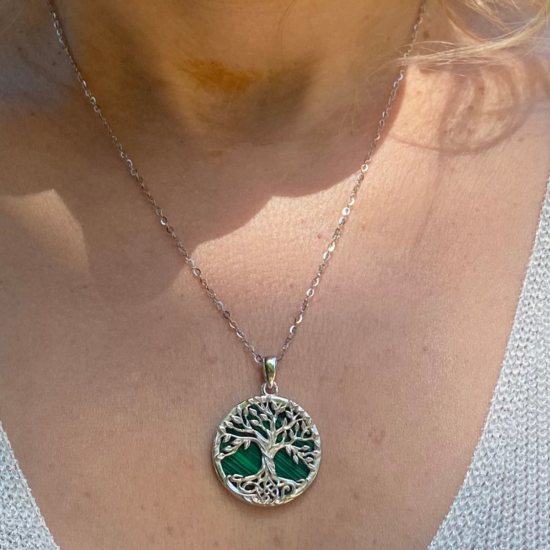 Sterling silver malachite yggdrasil tree of life necklace pendant worn on a silver chain