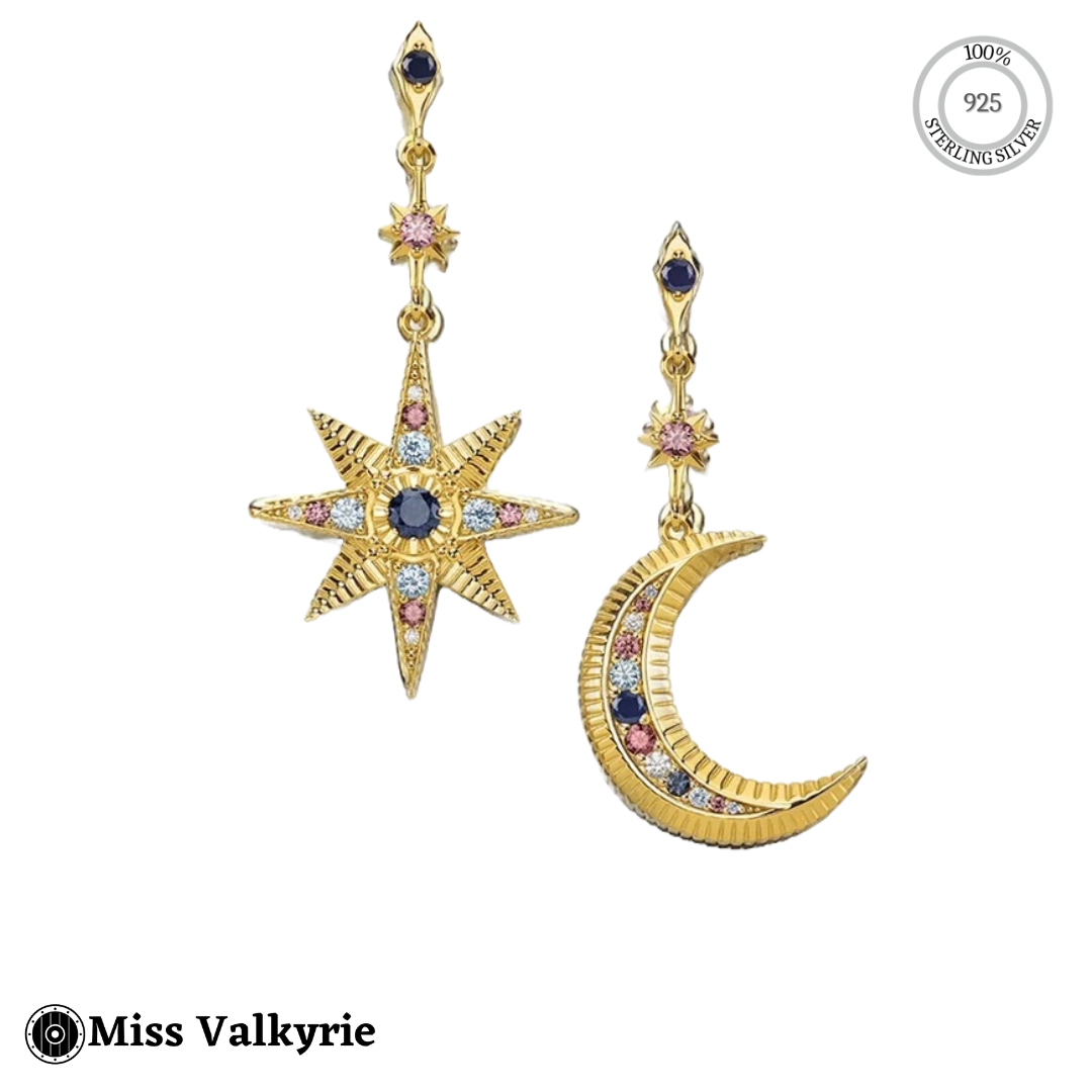 Gold Star and Moon Earrings with Colored Gemstones | Miss Valkyrie