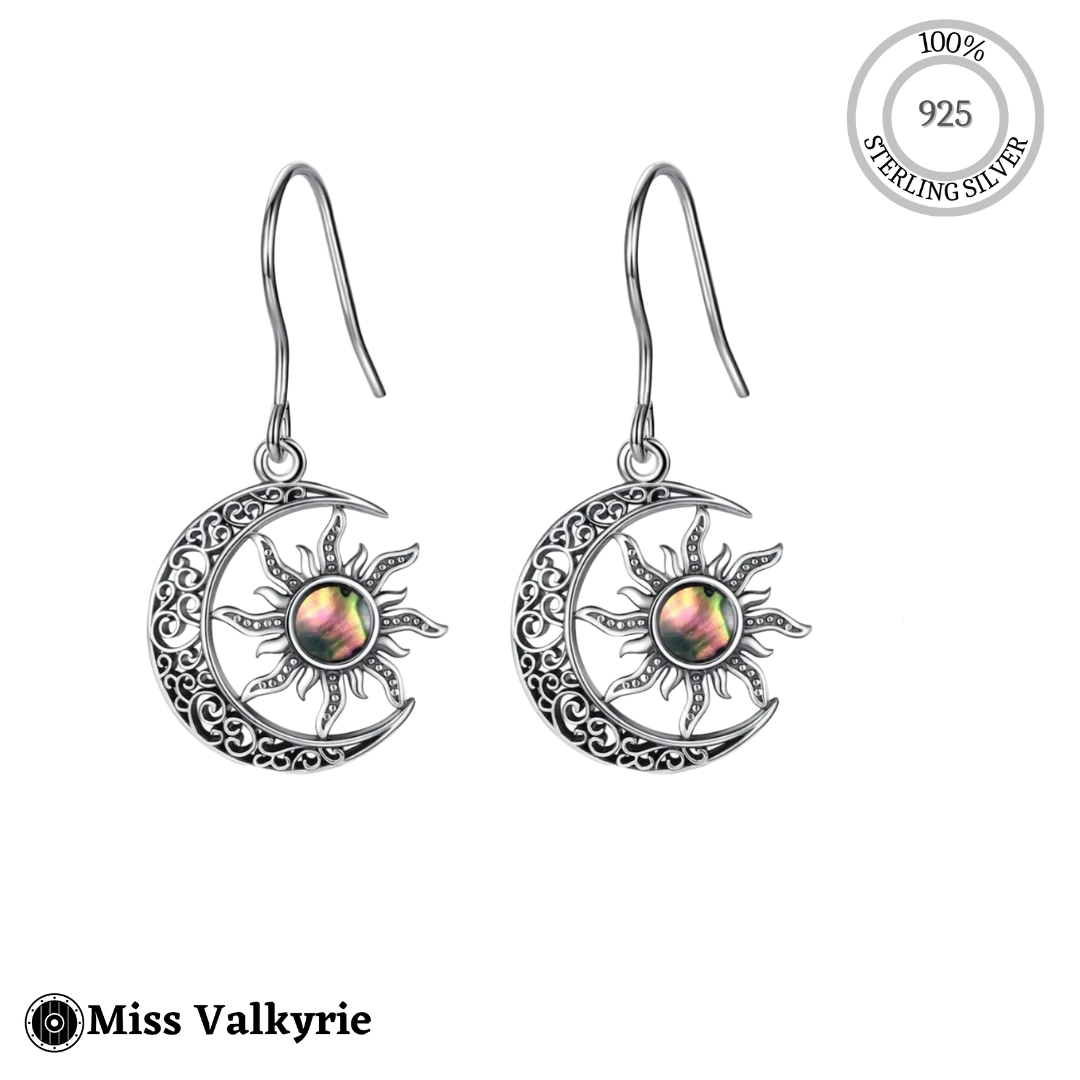 Sterling silver moon crescent sun earings with intricate design and colorful center stones by Miss Valkyrie