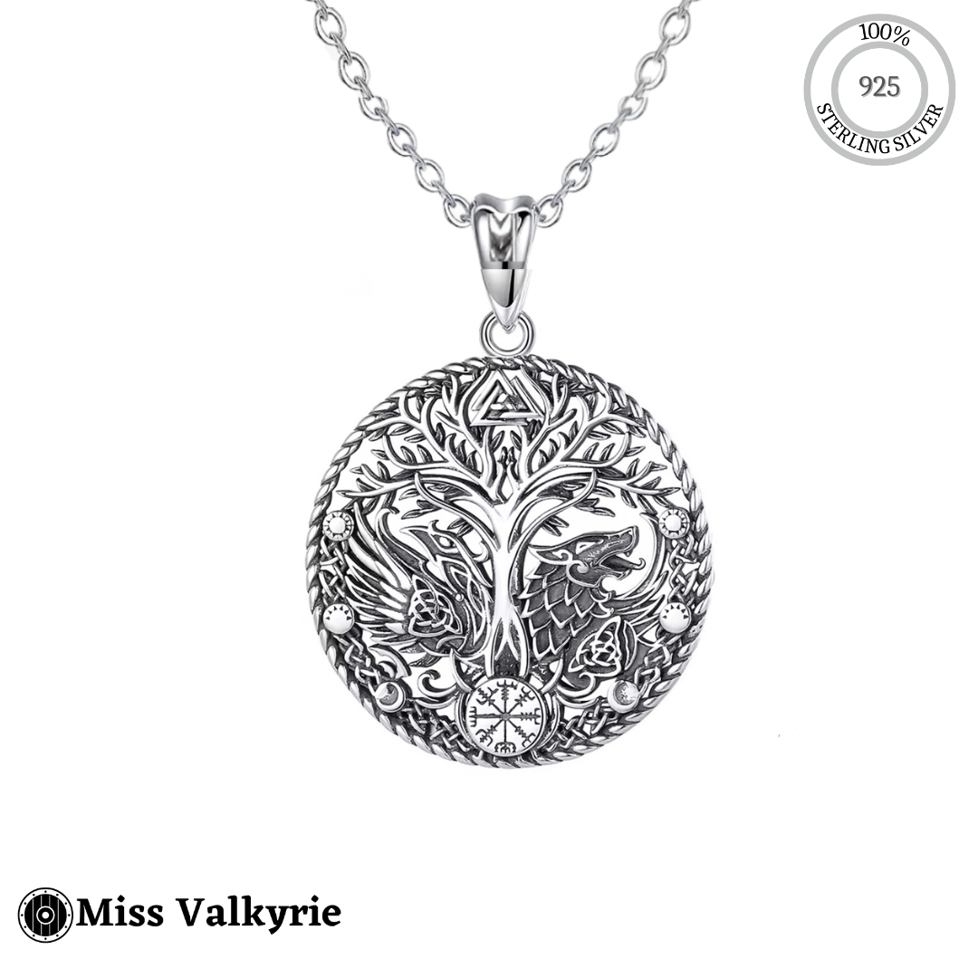 Sterling silver Norse symbols necklace with intricate Viking tree and mythical designs by Miss Valkyrie